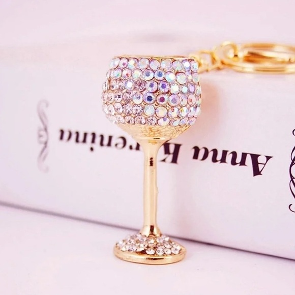 NEW Adorable Sparkly Wine Glass Bag Charm / Key Ring  w/ white stones - Gift! - Picture 2 of 3